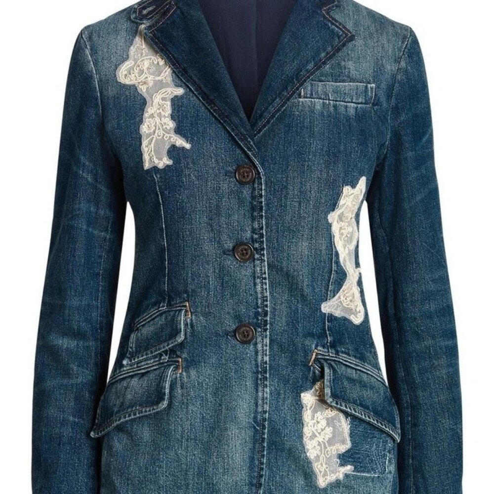 NWT Lauren Ralph Lauren Women's Lace Patchwork Denim Indigo Blazer 8 - Picture 3 of 9